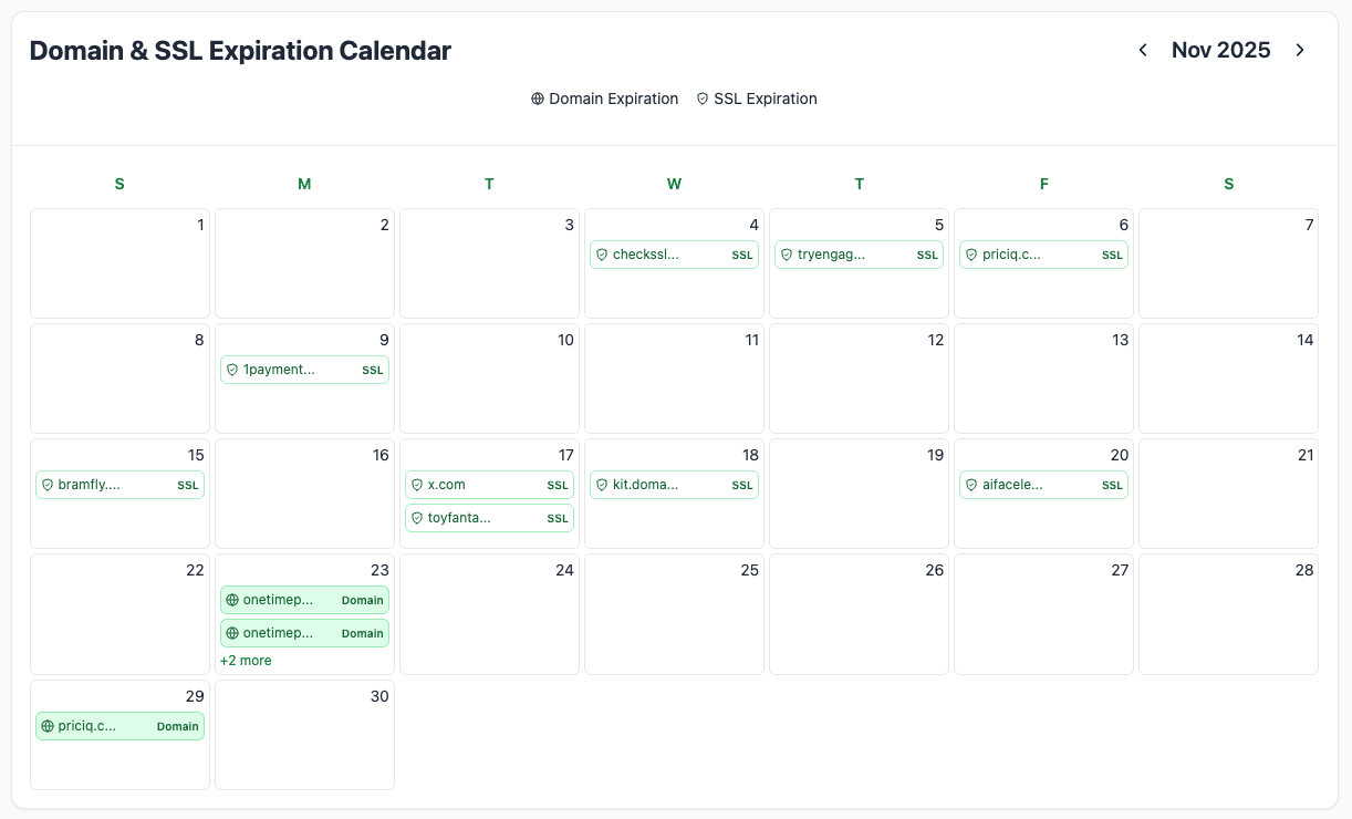 Expiration Calendar for Domains and SSL